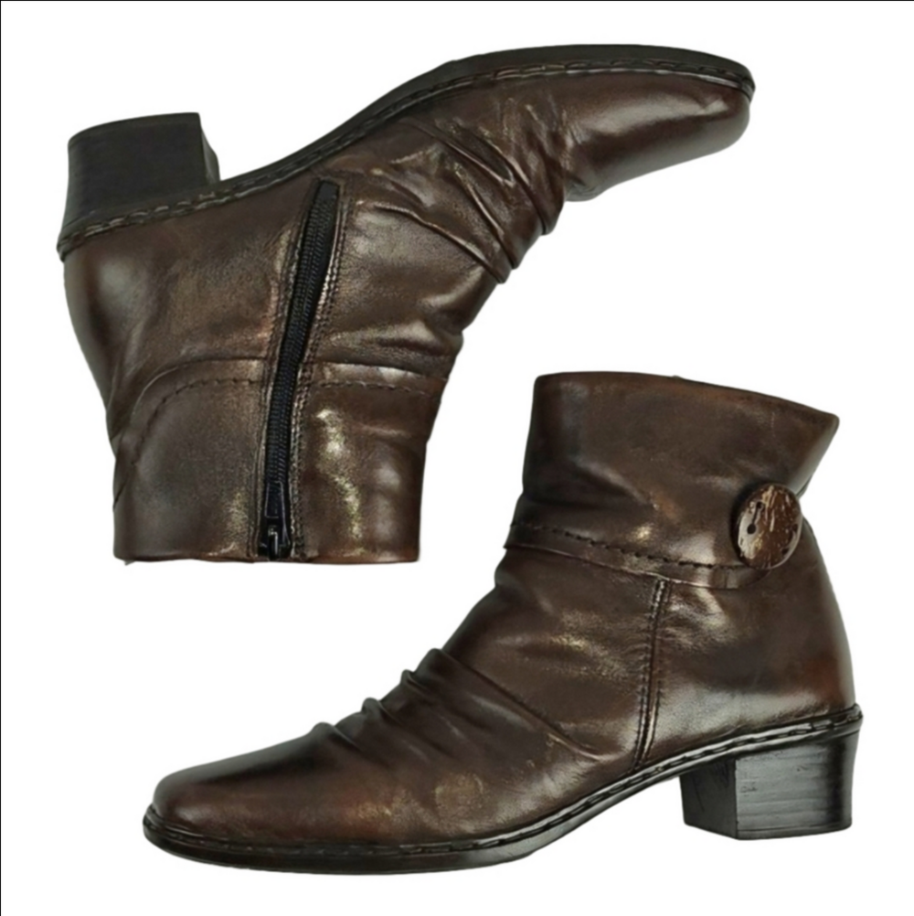 Rieker Kendra Brown Leather Slouchy Square Toe Fleece Lined Block Heel Bootie
